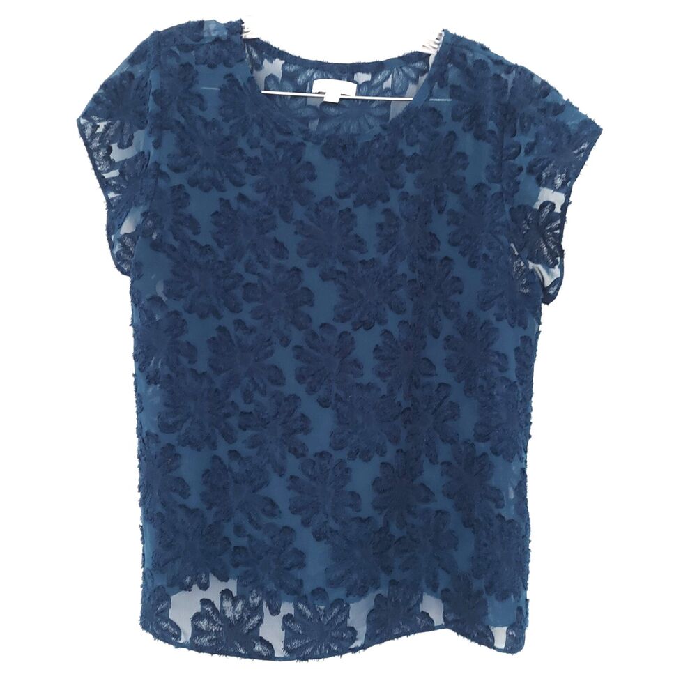 14th & Union Teal Blue Blouse Medium Sheer Floral Short Sleeve Textured